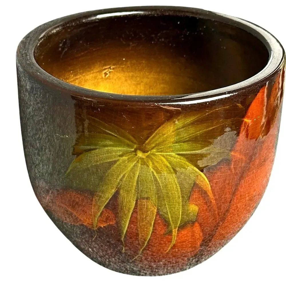 Antique 1920s Weller Pottery jardiniere planter green palm orange brown glaze 8”